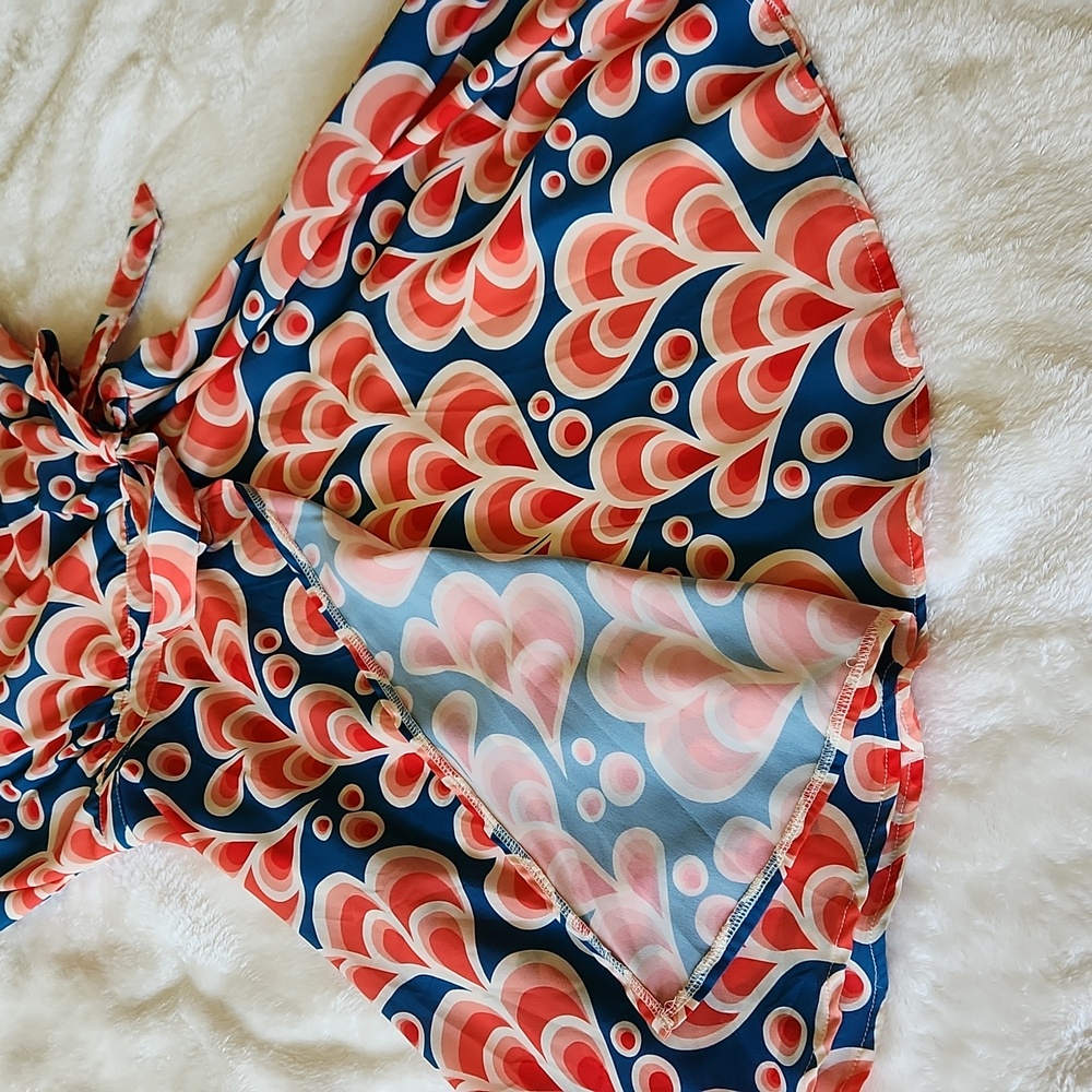 Retro Floral Wrap Dress - Navy and Coral - Picture 4 of 5